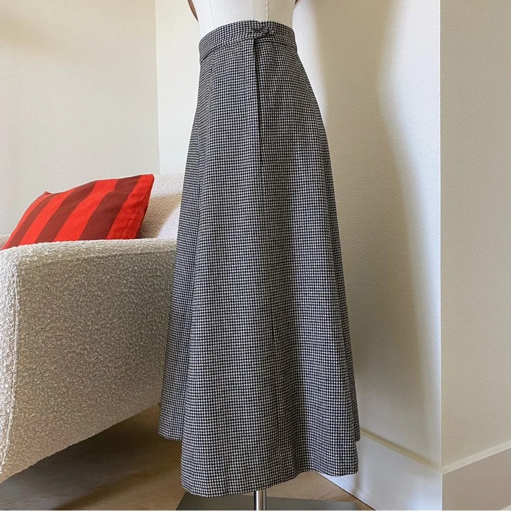 Vintage Wool Houndstooth A-Line Midi Skirt (~XS, 0)